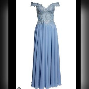 Xscape Gray Dress with Gold Lace Detail